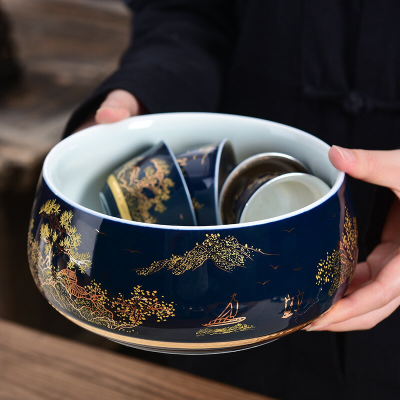 霽藍功夫茶具套裝茶盤茶道配件筆洗陶瓷大茶渣缸茶洗水杯洗水盂