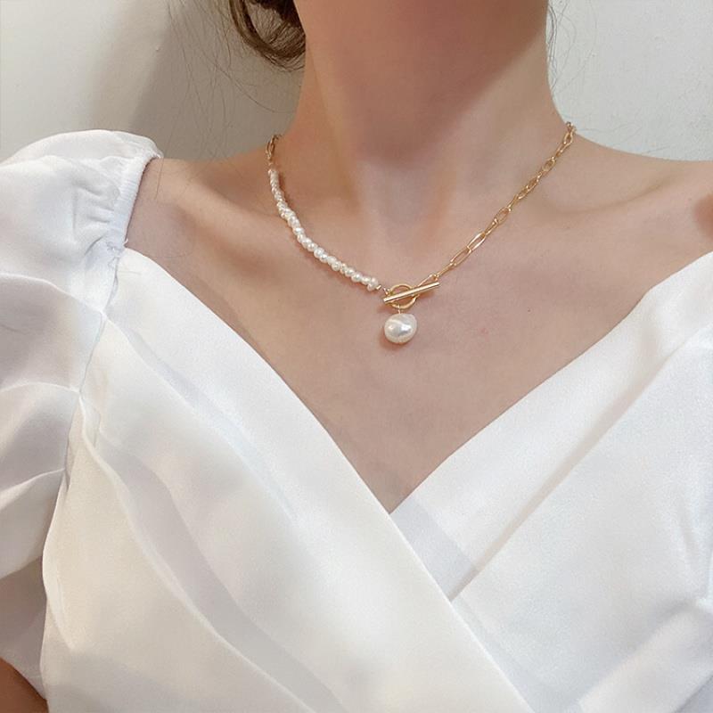 異形淡水珍珠OT扣拼接頸鏈女復古氣質百搭韓國時尚金屬項鏈