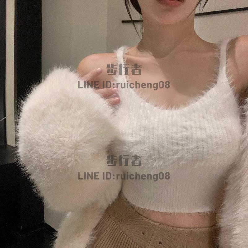 軟糯水貂毛短款針織背心女秋冬保暖加厚純欲辣妹無袖打底吊帶毛衣【步行者戶外生活館】
