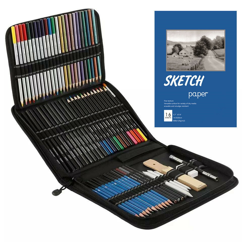 73件素描彩鉛繪畫套裝新品 74PCS素描鉛筆和彩色鉛筆套裝店長推薦~商品