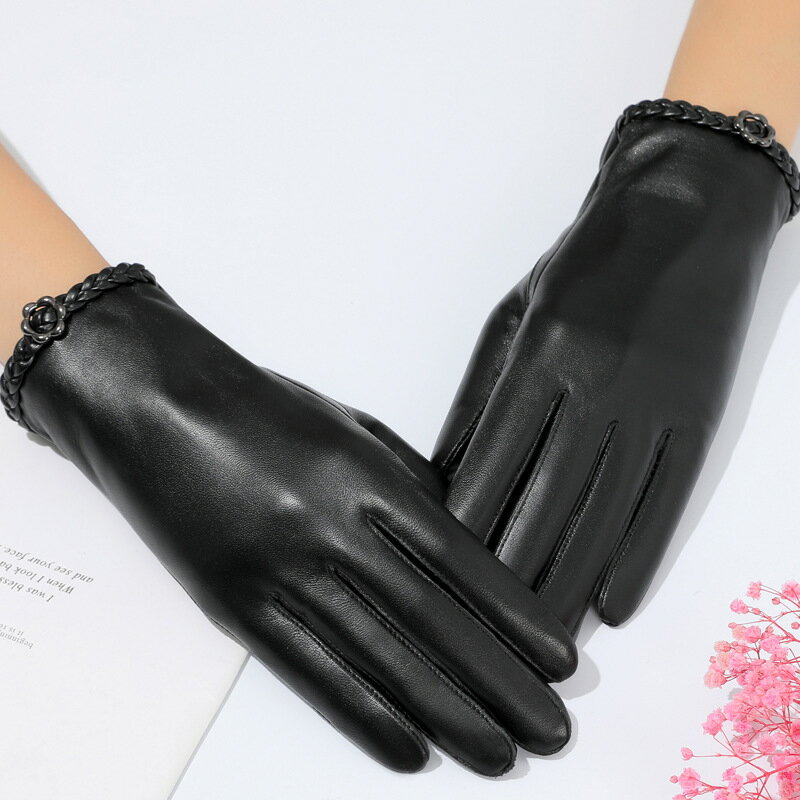 【巴黎精品】真皮手套觸控手套-羊皮編織腕口花朵女手套p1bb16