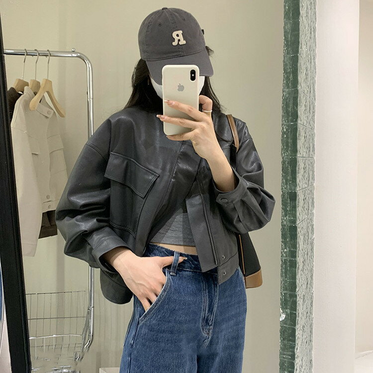 皮衣復古黑色女韓版寬松皮夾克帥氣機車學院春秋季新款【倪醬】