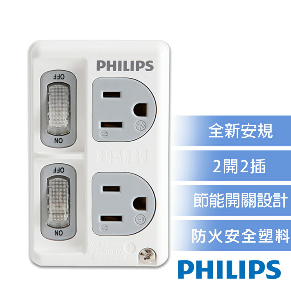 【PHILIPS 飛利浦】新安規 節能開關 2開2電腦壁插 CHP3020W 白色