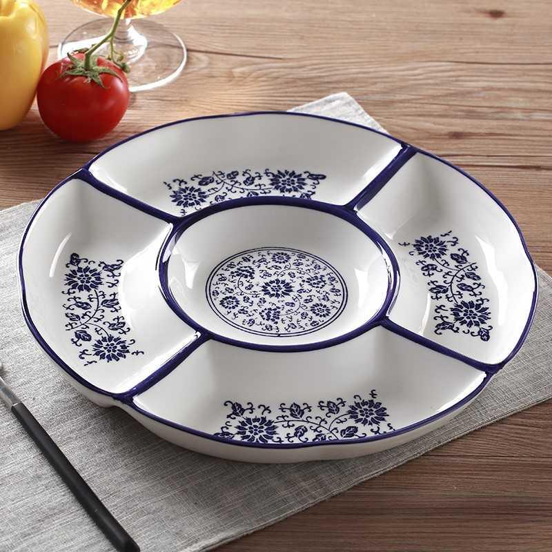 青花瓷菜盤五果盤創意家用陶瓷吃飯餐具水果拼盤鹵水拼盤分隔餐盤