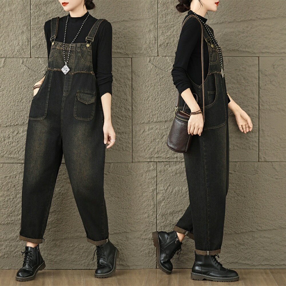 女生牛仔褲推薦，牛仔吊帶褲推薦到【巴黎精品】現貨+預購 高腰女牛仔褲子牛仔寬褲長褲直筒褲休閒褲大碼落地褲休閒女裝-做舊復古吊帶褲a1jp47