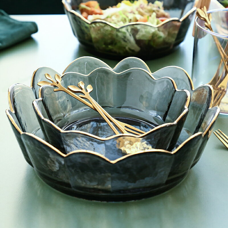 日式透明玻璃碗耐熱大號蔬菜水果碗創意金邊沙拉碗家用北歐甜品碗