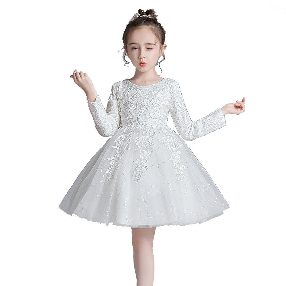 Baby童衣 白色長袖公主蕾絲蓬蓬裙 女童禮服 兒童花童洋裝 88985