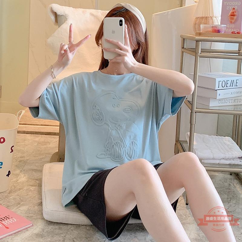 睡衣女夏季純棉短袖薄款純色簡約休閑可外穿兩件套圓領學生家居服