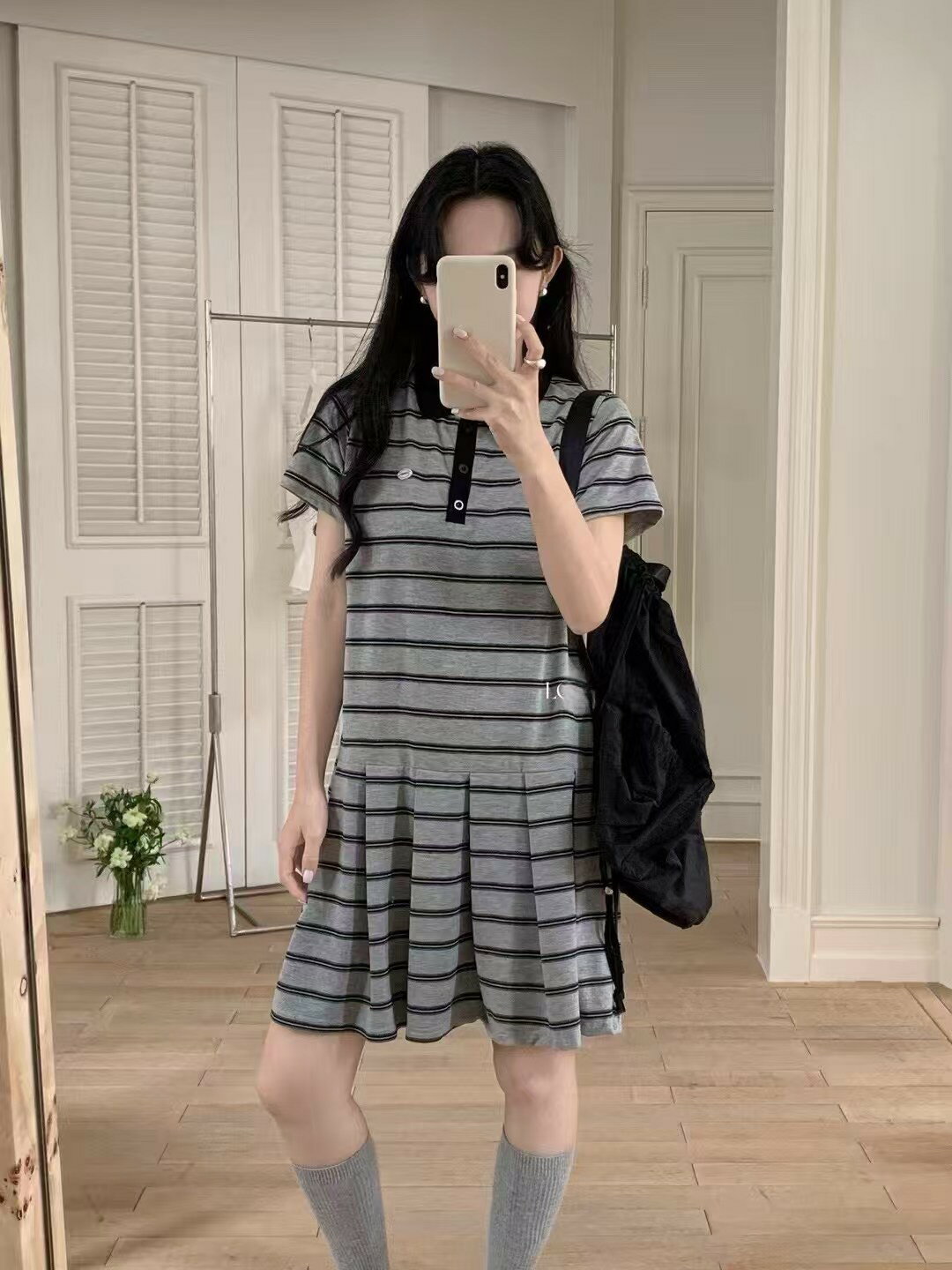 韓國東大門正品 可愛甜美 條紋百摺襯衫翻領 寬鬆連身裙短裙 洋裝