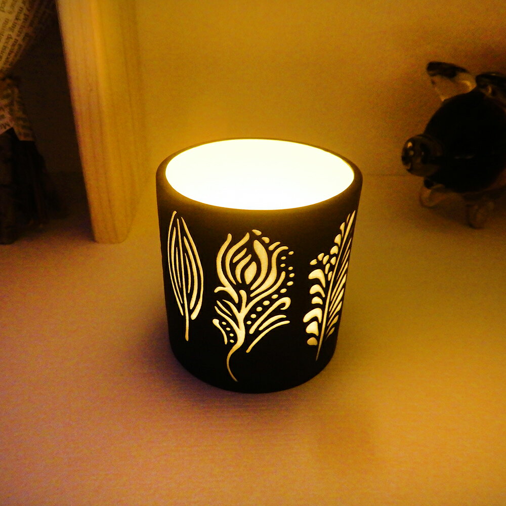 安森藝品x覓品竹北手作店-鏤空雕刻陶瓷矮杯+E-candle燭燈/小夜燈-葉子