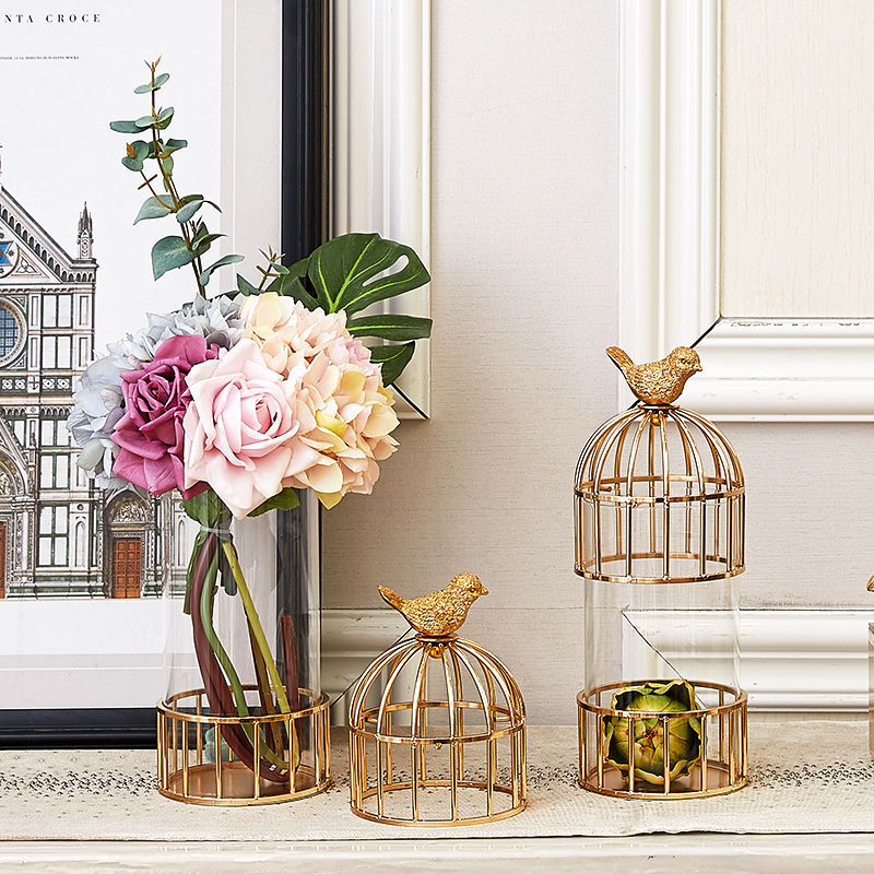 歐式家居客廳電視柜樣板房花瓶擺件 金屬鳥籠創意花瓶軟裝裝飾品