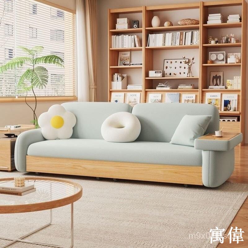 免運 破損補發現代奶油風實木沙髮床小戶型客廳家用多功能原木風沙髮床一體兩用布藝沙發 布沙發 沙發 客廳沙發 小戶型沙發