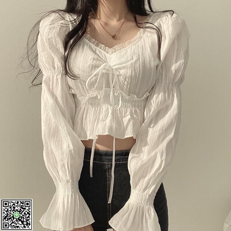 韓國chic春秋新款法式小眾方領蕾絲襯衫甜美荷葉邊顯瘦別致上衣女-UM.有米家居