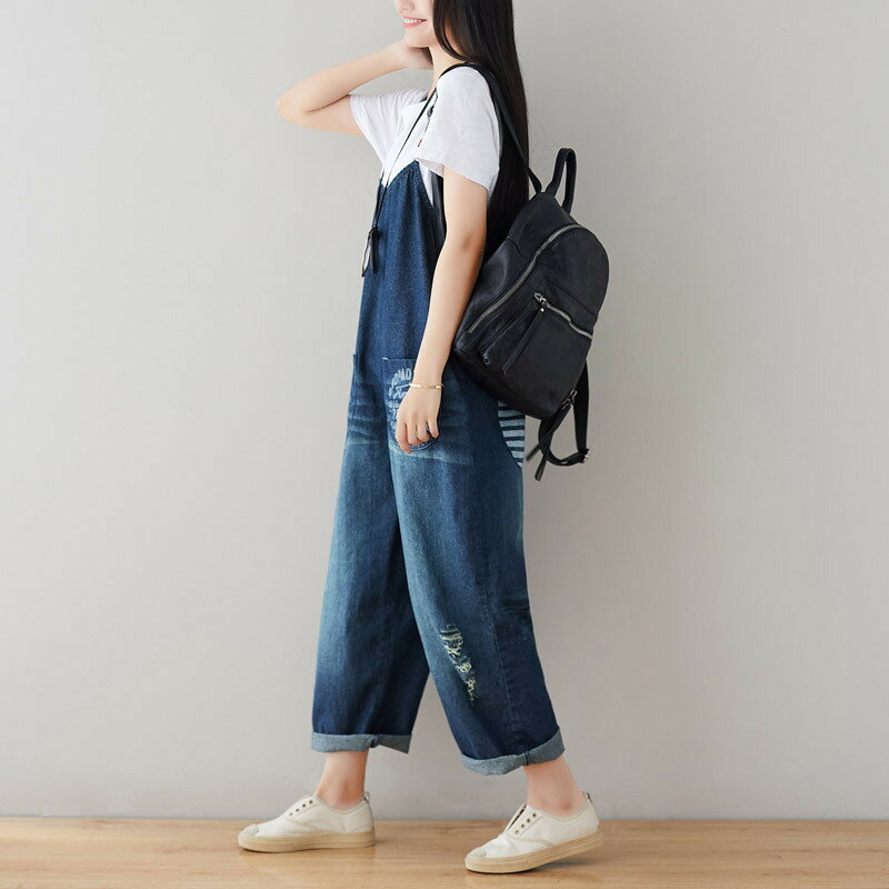 【巴黎精品】牛仔褲吊帶長褲-做舊個性破洞顯瘦女褲子2色a1ir56