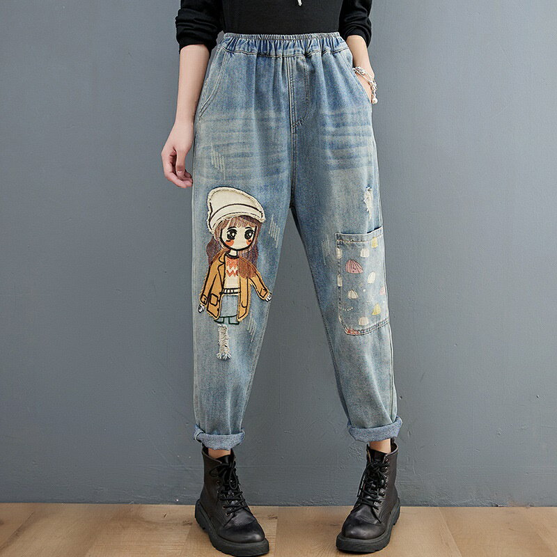 【巴黎精品】牛仔褲丹寧長褲-修身卡通刺繡休閒女褲子2色a1fe8