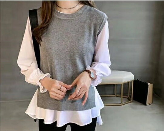 中大尺碼女裝~秋季新款 兩件式素面襯衫+針織馬甲 顯瘦百搭大尺碼上衣 5