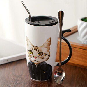 超大容量貓咪陶瓷馬克杯家用韓版辦公室喝水杯可愛杯子帶蓋勺吸管