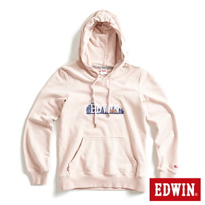 EDWIN 露營系列 富士山刺繡LOGO連帽長袖T恤-女款 淺粉紅 #換季折扣