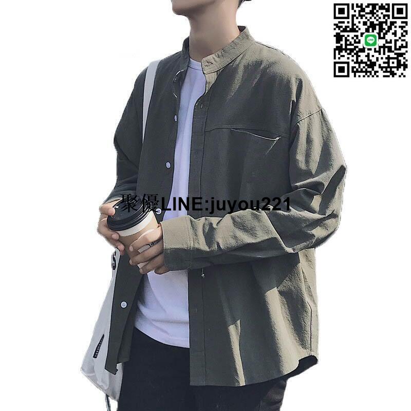 [聚優]男士棉麻長袖襯衫 M-5XL 寬鬆大尺碼素色簡約上衣 棉麻襯衣
