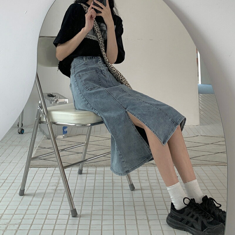 復古開叉牛仔半身裙女夏季年新款裙子高腰顯瘦a字一步中長裙