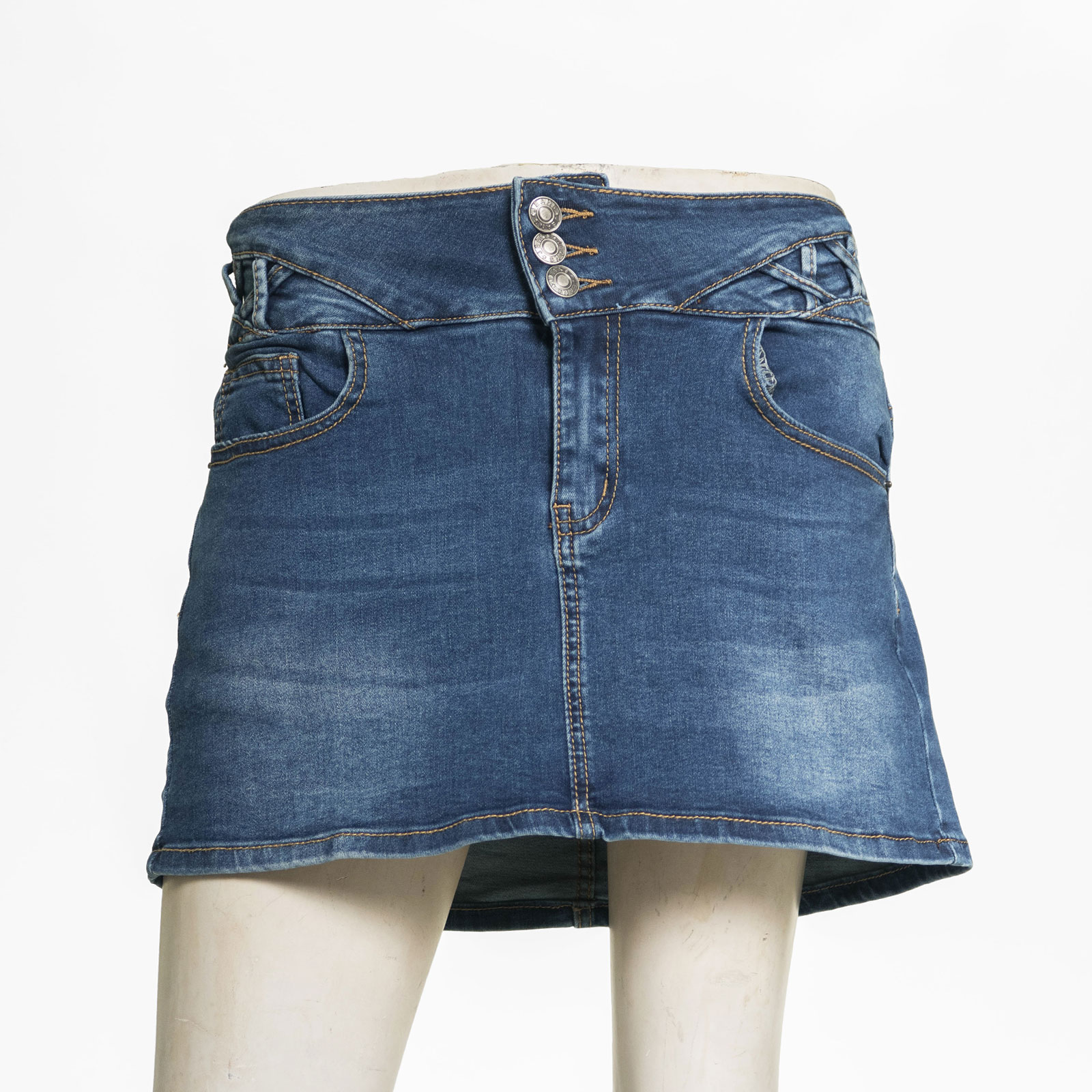 涼爽牛仔褲裙 中腰丹寧褲裙 短褲裙 牛仔裙褲 三排扣彈性牛仔裙 顯瘦牛仔短裙 裙子 裙中褲 側腰交叉裝飾 Jean Skorts Denim Skorts Mid-rise Denim Skirts Stretch Jeans (050-6065-31)牛仔色 S M L XL (腰圍:26~33英吋 / 66~84公分) 女 [實體店面保障] sun-e 4