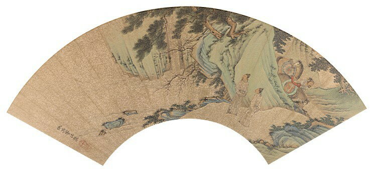 仿古畫名畫復製品仇英扇面畫中國畫山水畫名人字畫裝飾畫青綠山水