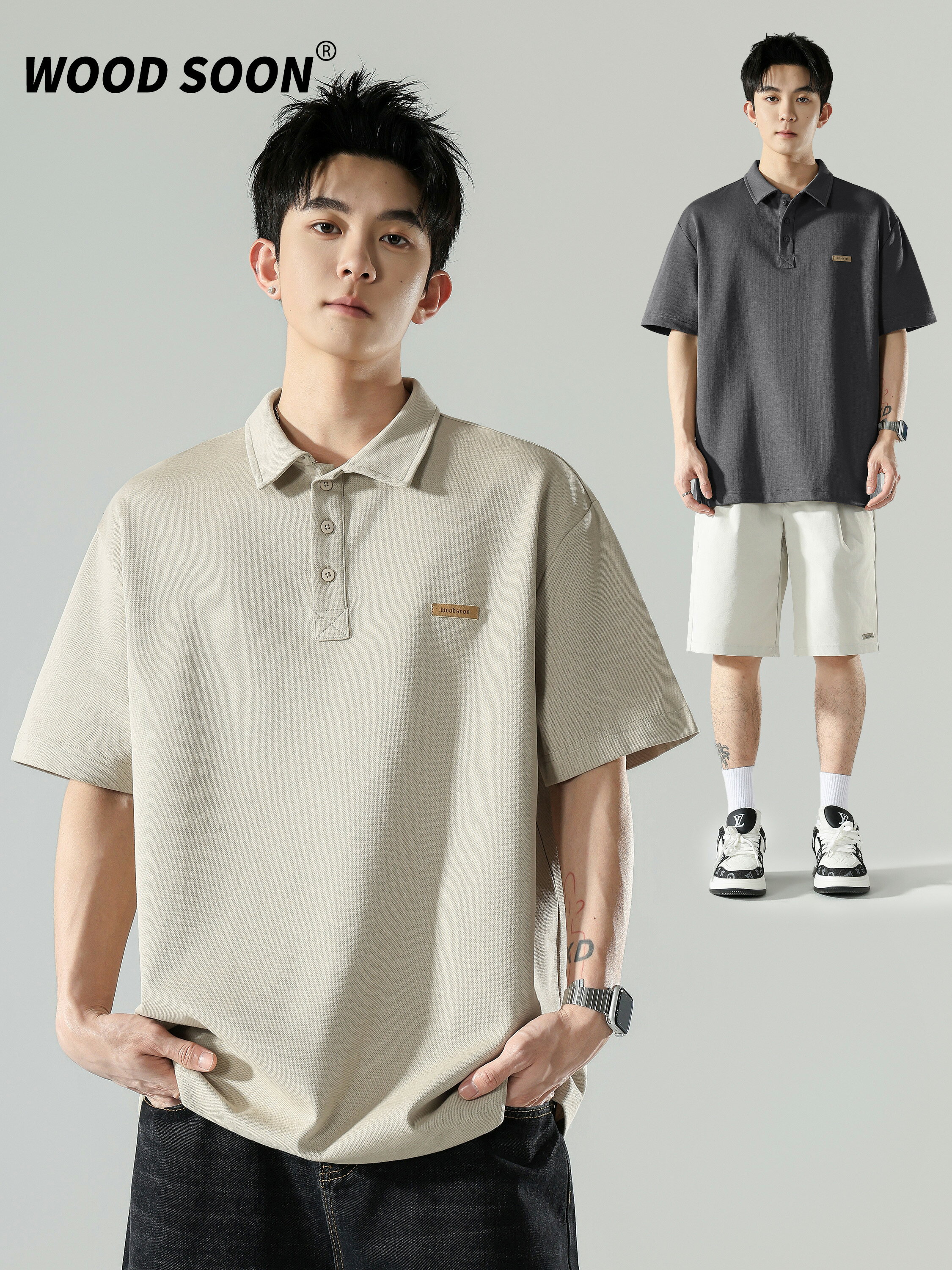 WOODSOON男生POLO衫春夏季新款潮流短袖翻領高級感寬鬆重磅T恤男