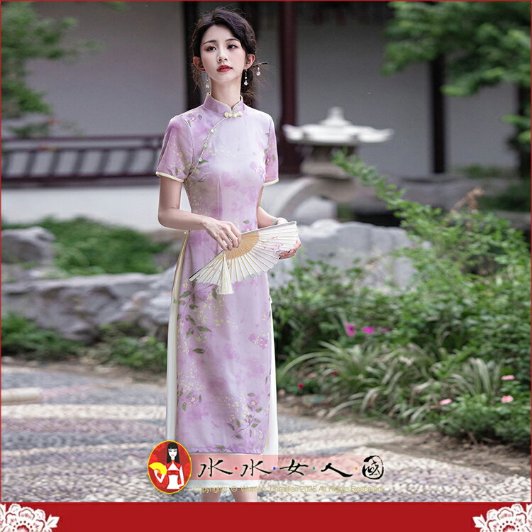 優雅印花奧黛旗袍女新中式復古風春夏新品年輕少女改良A字擺裙長款洋裝日常可穿-花季(紫色)-水水女人國