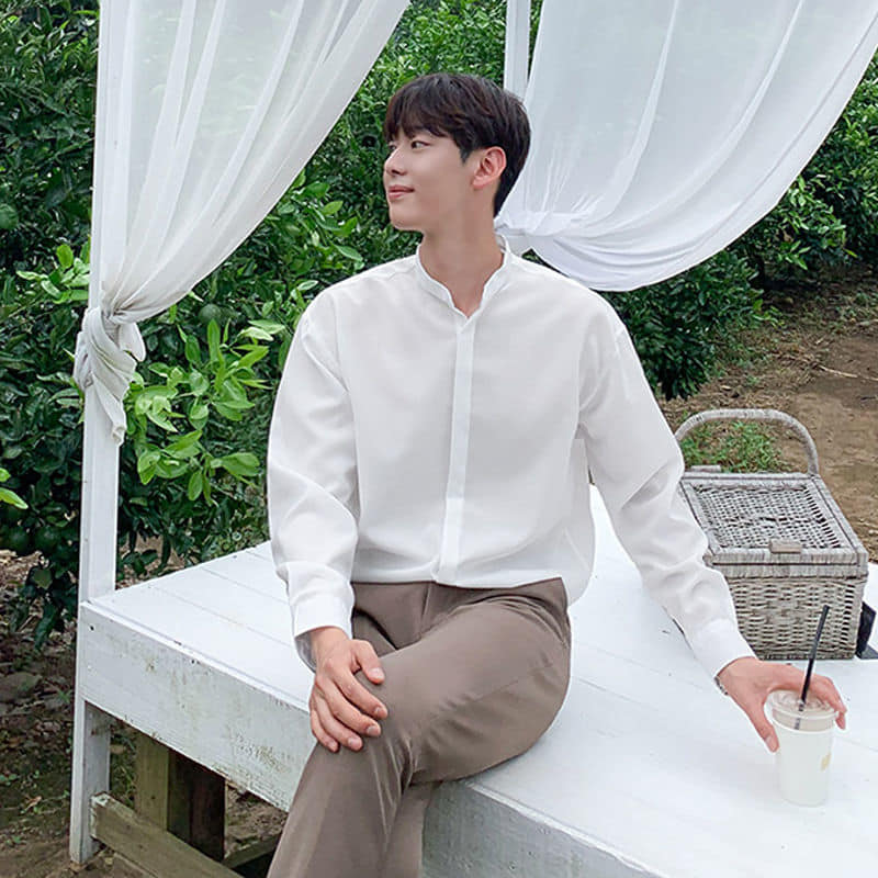 高級感深男士 垂感免燙潮流帥氣立領襯衫