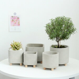 北歐簡約水泥多肉花盆帶腳個性創意方形實木腳室內桌面盆栽盆器
