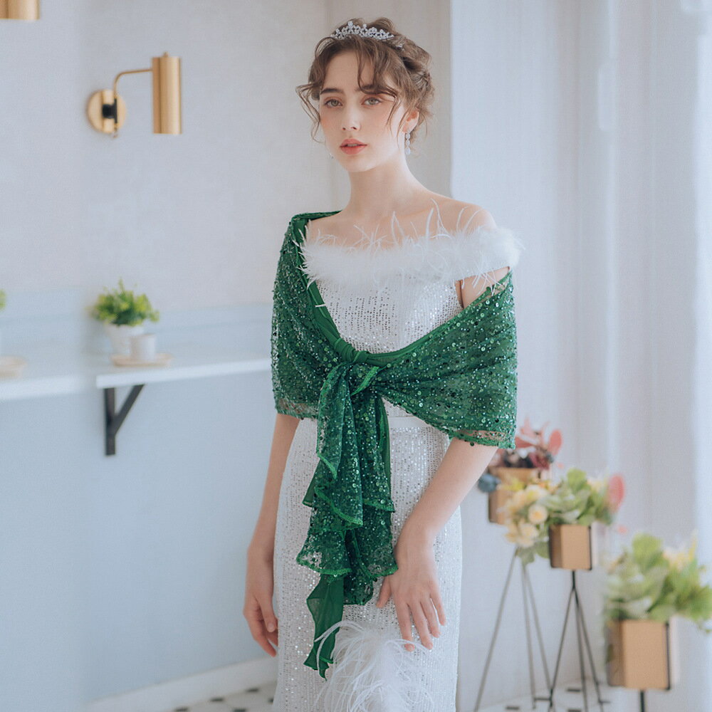 重工蕾絲雪紡亮片珠飾綠色披肩(11-7135)