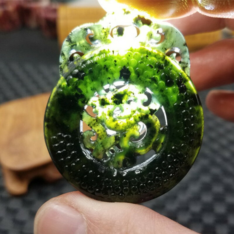 飾品吊墜天然玉石新疆墨玉仿古龍掛件墨綠蛇紋石玉生肖龍吊墜玉牌