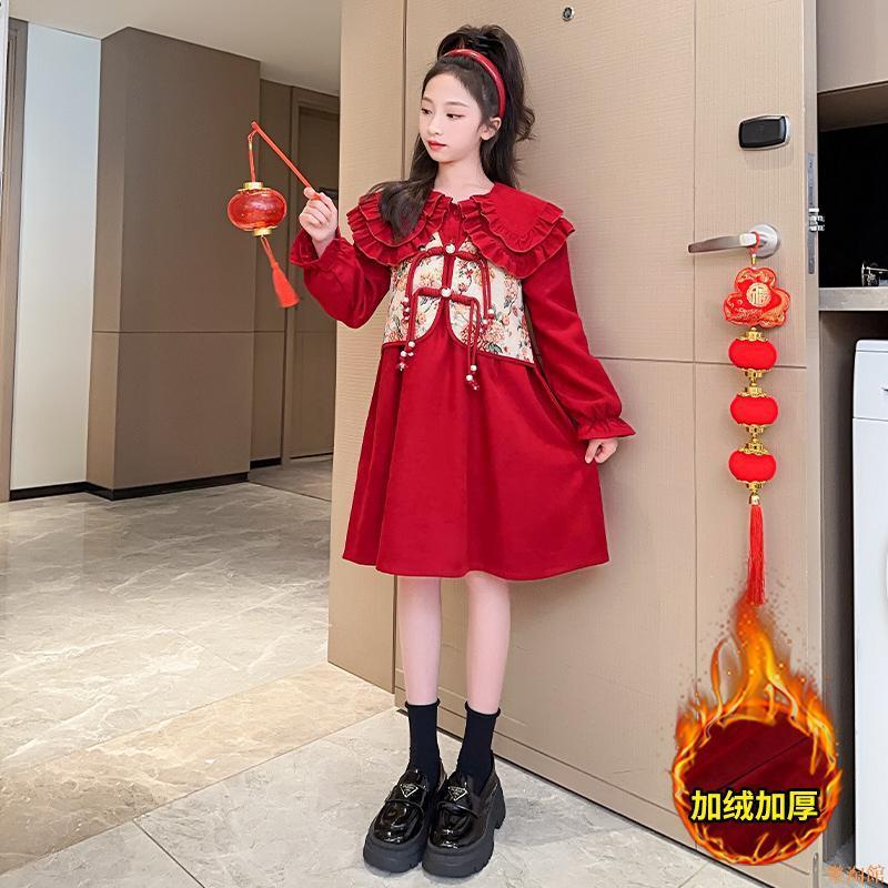 女童加絨紅色連衣裙秋冬季2024新款洋氣女孩冬季兒童過年聖誕衣服冬
