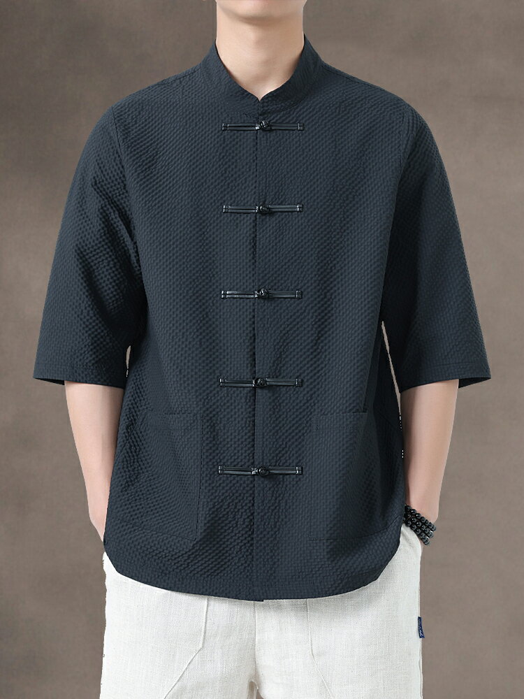 新中式夏季薄款唐裝短袖襯衫風寬鬆大碼圓領中山裝男茶服半袖