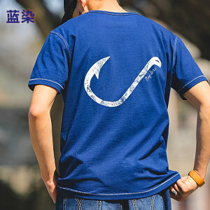 【釣豪】純棉夏季T恤手工藍染復古印花短袖休閑T恤男釣魚服路亞服