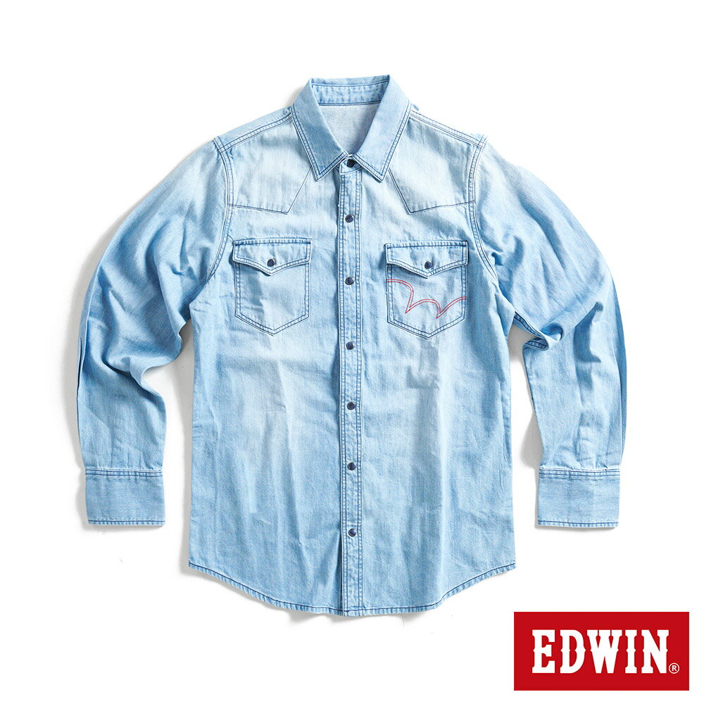 EDWIN 雙口袋長袖丹寧襯衫-男款 石洗藍 #503生日慶