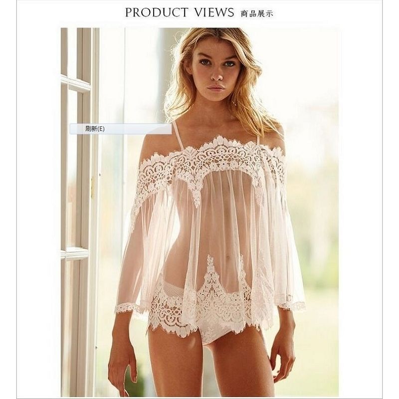 廠家直銷 外貿高端定製透視白網紗性感情趣內衣 露肩蕾絲睡裙套裝