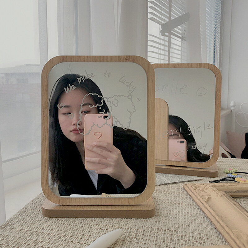 ins簡約木質網紅鏡子臺式化妝鏡少女桌面梳妝鏡折疊學生宿舍便攜