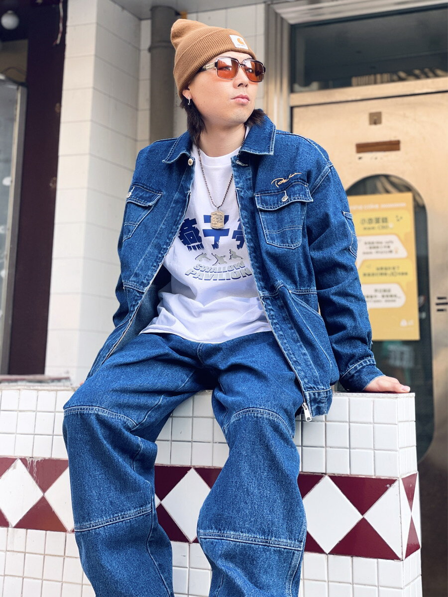 燕子亭重磅嘻哈美式休閒牛仔褲水洗藍90s版型寬鬆肥大牛仔套裝