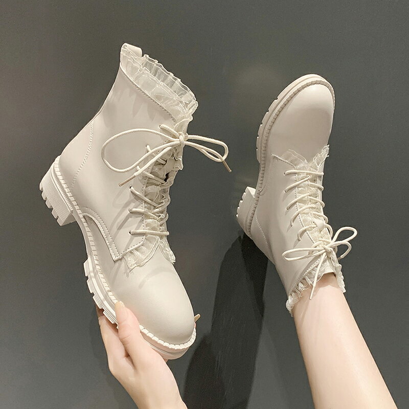 韓版中粗跟小短靴女春秋單靴百搭白色馬丁靴2021年新款網紅女靴子