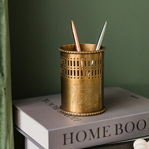 輕奢黃銅筆筒復古做舊多功能收納罐創意收納盒辦公室書房桌面擺件