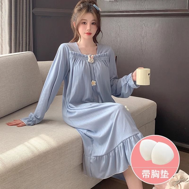 睡衣睡裙女性感大碼帶胸墊公主荷葉邊霧藍裙春秋純棉新款【倪醬】