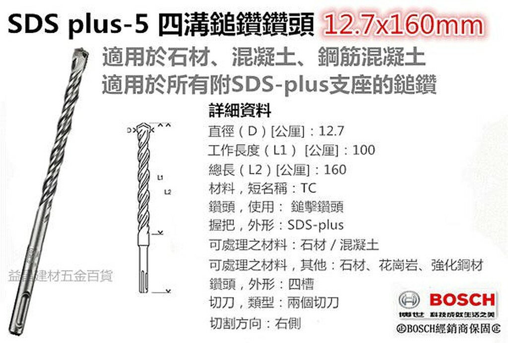 【台北益昌】德國BOSCH SDS plus-5 四溝鎚鑽鑽頭12.7x160mm 適用所有附SDS-plus支座的鎚鑽