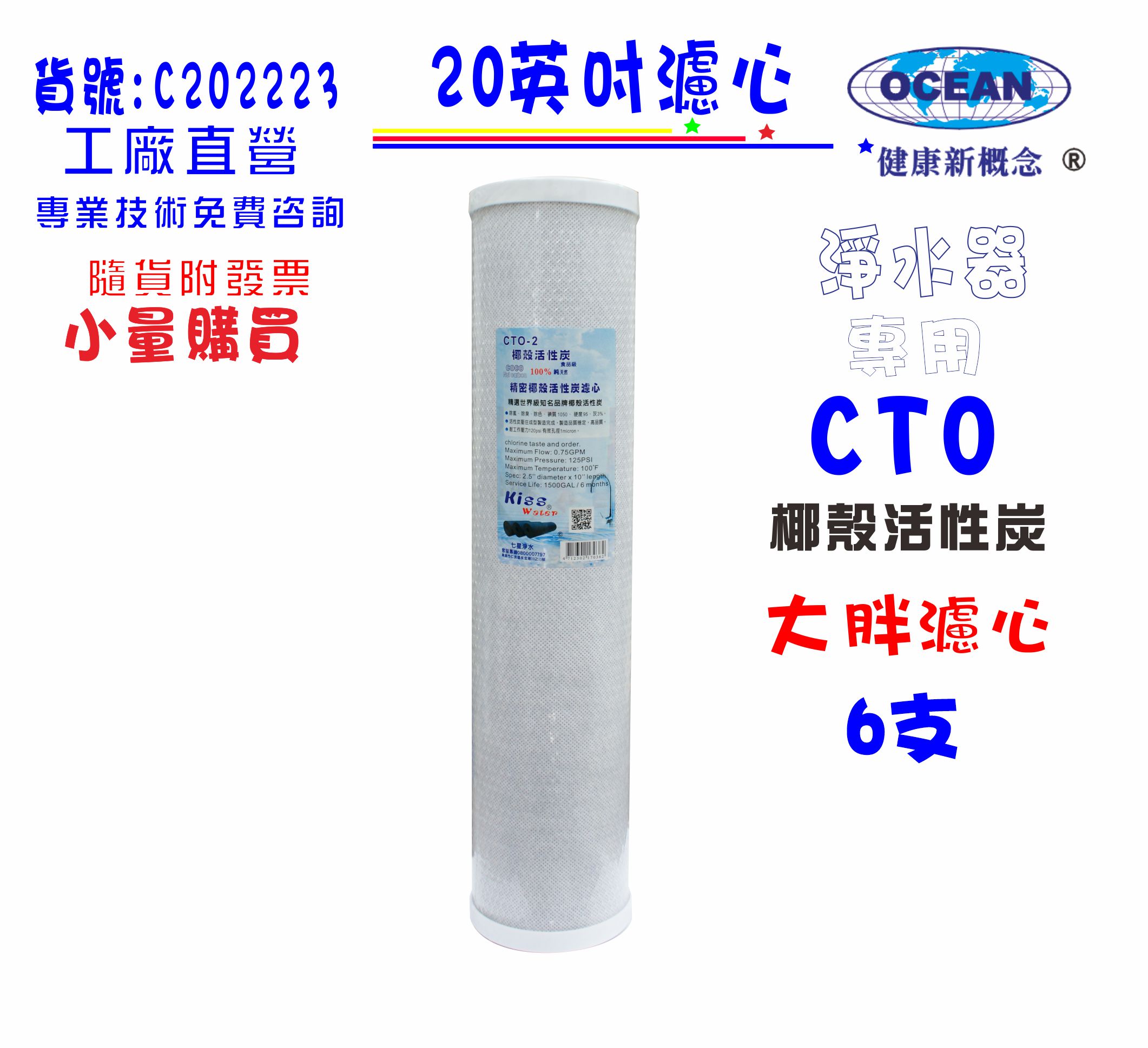 20英吋大胖CTO活性炭濾心6支1728元免運費! 淨水器濾水器.除泥. 地下水水塔過濾器貨號:C202223【七星淨水】