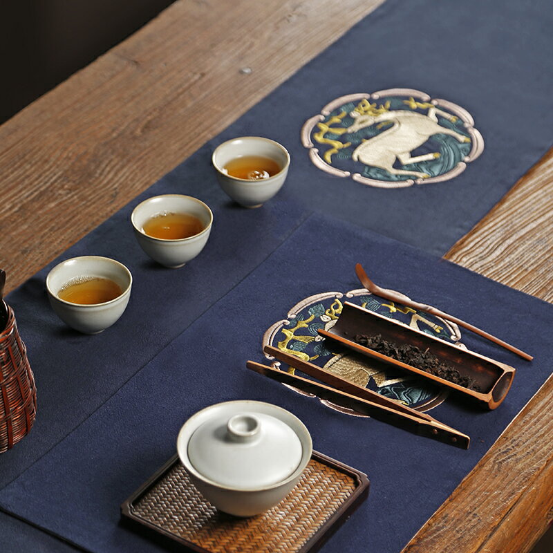 新中式刺繡禪意茶席 棉麻布藝茶桌茶盤墊子桌布 桌旗茶臺功夫茶具