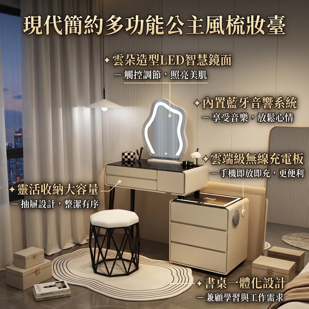 梳妝臺臥室化妝桌公主風無線充電藍牙音響現代簡約書桌云朵鏡myg7211