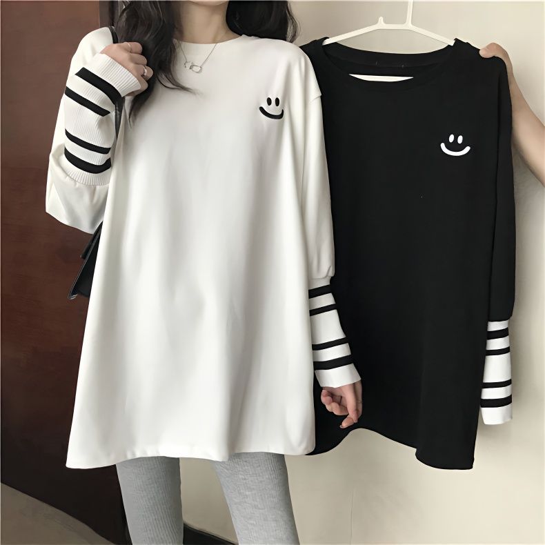 長袖t恤打底衫女圓領中長款寬松顯瘦大碼上衣服潮春秋冬季新款【聚寶屋】