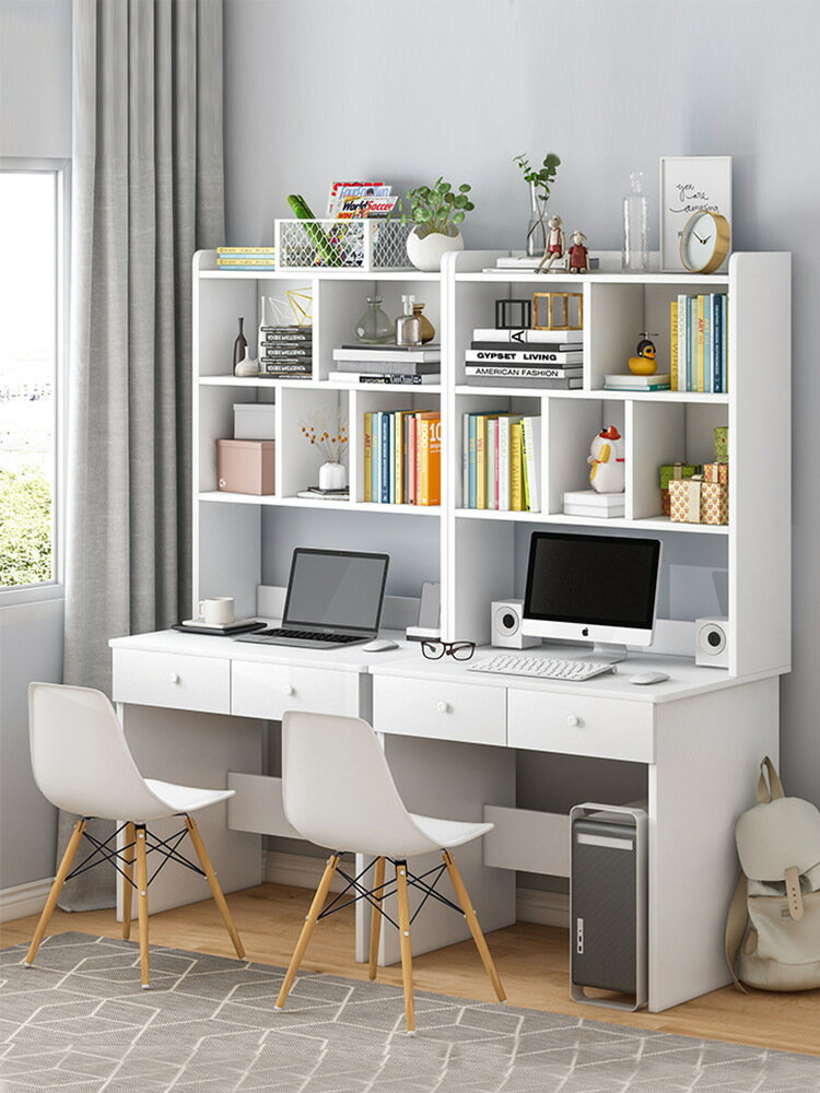 北歐書桌帶書架組合白色電腦桌子少女臥室簡約家用學習寫字一體桌
