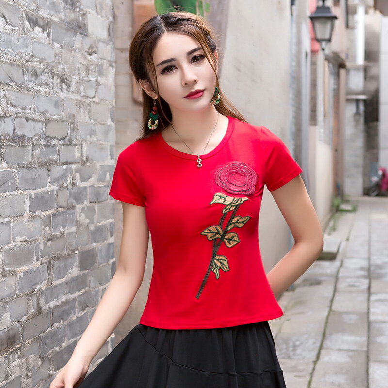 夏裝新款中國風青年復古民族風女裝花朵刺繡短袖T恤修身上衣1入