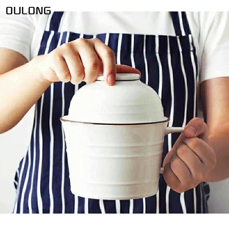 北歐簡約陶瓷飯碗泡泡麵杯碗帶蓋帶手柄學生餐碗湯碗可微波爐